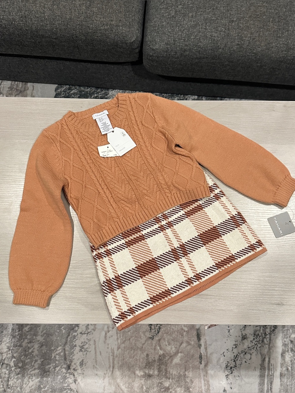NWT Tahari Girls Fall Sweater in Tan with Cream & Brown Plaid skirt matching set
